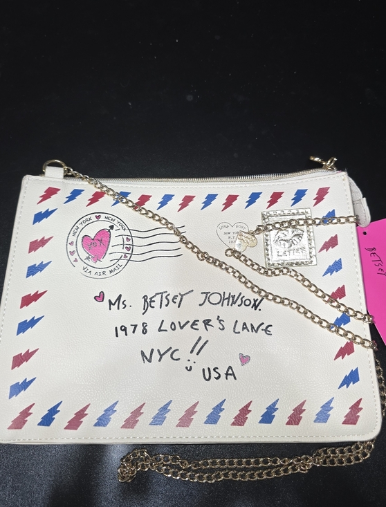 Betsey Johnson NWT Cream Love Letter Crossbody with Pink & Blue Postal Accents - Picture 2 of 9